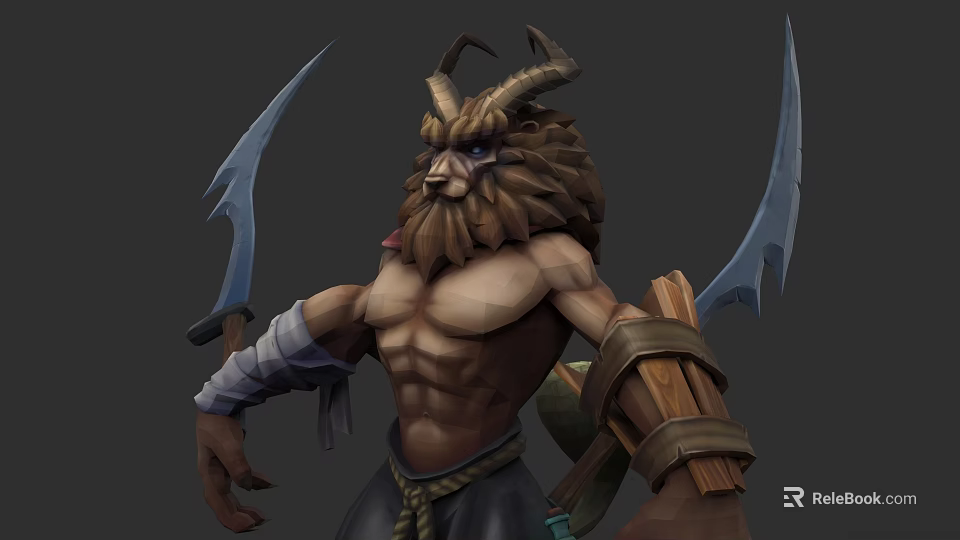 Horned Bearded Muscular Mythical Creature Warrior With Dual Scimitars 3d model 