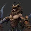 Horned Bearded Muscular Mythical Creature Warrior With Dual Scimitars