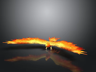 Fiery Flame Phoenix Spreading Wings In Black Background With Reflection 3d model