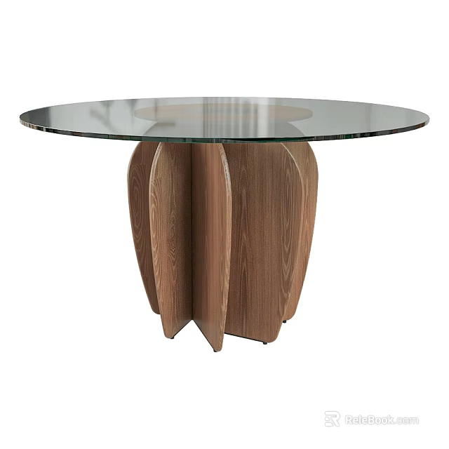 Modern Round Glass Top Dining Table With Wooden Leaf Shaped Base Design 3d model