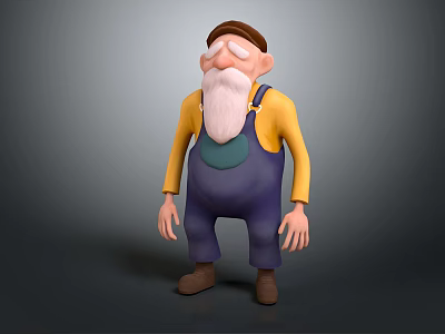 3D Cartoon Old Man Character With Brown Hat White Beard Yellow Shirt And Blue Overalls 3d model