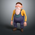 3D Cartoon Old Man Character With Brown Hat White Beard Yellow Shirt And Blue Overalls