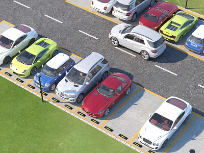 Parking Lot With Multiple Different Colored Cars In Parking Spaces Near Road And Lawn 3d model