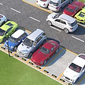 Parking Lot With Multiple Different Colored Cars In Parking Spaces Near Road And Lawn