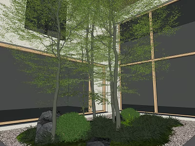 Garden Landscape With Slender Trees Green Shrubs And Stone Near Modern Building Windows 3d model