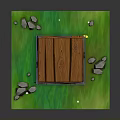 Wooden Box Shaped Architectural Structure 3D Model on Green Grass with Stones and Small Decorations