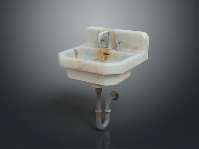 Old Fashioned Stained White Bathroom Sink With Faucet And Drain Pipe 3d model