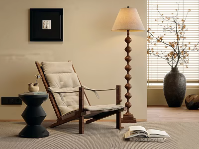 Cozy Wooden Frame Lounge Chair with Beige Cushion Floor Lamp Side Table and Open Book 3d model