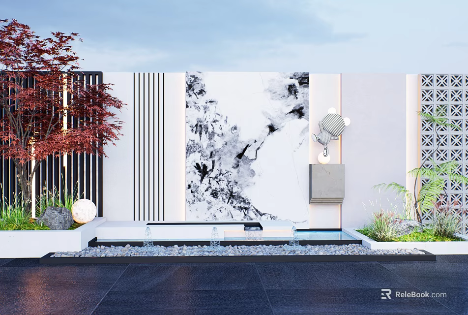 Chinese Style Feature Wall With Ink Painting Lighting Plants And Linear Design 3d model 