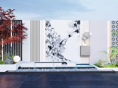Chinese Style Feature Wall With Ink Painting Lighting Plants And Linear Design 3d model