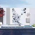Chinese Style Feature Wall With Ink Painting Lighting Plants And Linear Design