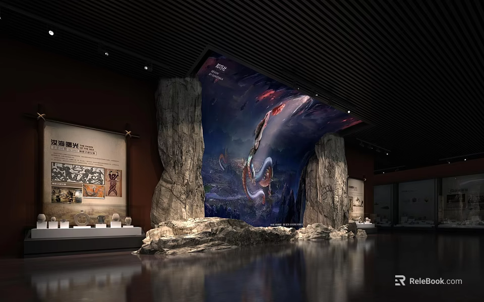 Museum Exhibition Hall With Rock Structures Large Backdrop Painting And Display Cases 3d model