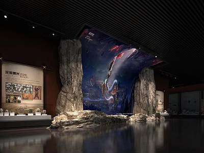 Museum Exhibition Hall With Rock Structures Large Backdrop Painting And Display Cases 3d model
