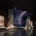 Museum Exhibition Hall With Rock Structures Large Backdrop Painting And Display Cases 3d model