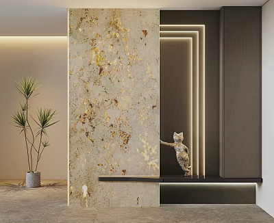 Modern Foyer Hallway With Textured Stone Wall Ambient Lighting Potted Plant And Art Decor 3d model