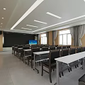 Spacious Conference Room Interior With Rows Of Tables Chairs Mobile Podium Large Windows And Curtains