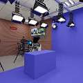 Professional Studio Setup With Cameras Lighting Control Panel Blue Background And Wooden Wall 3d model