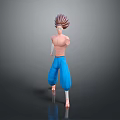 3D Character With Spiky Brown White Hair Shirtless Blue Baggy Pants Standing On Dark Background