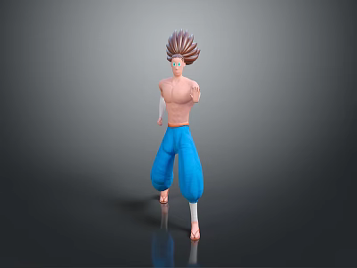 3D Character With Spiky Brown White Hair Shirtless Blue Baggy Pants Standing On Dark Background 3d model