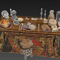 Rustic Wooden Dining Table Set With Stool Rug Fruits Cheese Bread Candlesticks Grinder And Vase