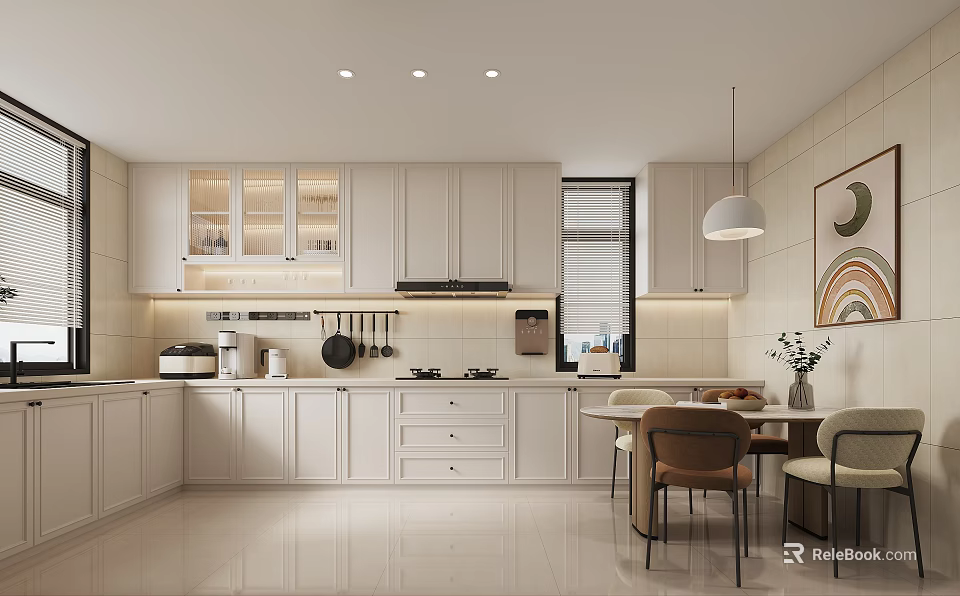 Modern White Kitchen Interior With Cabinets Island Dining Table And Chairs 3d model 