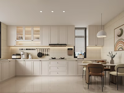Modern White Kitchen Interior With Cabinets Island Dining Table And Chairs 3d model