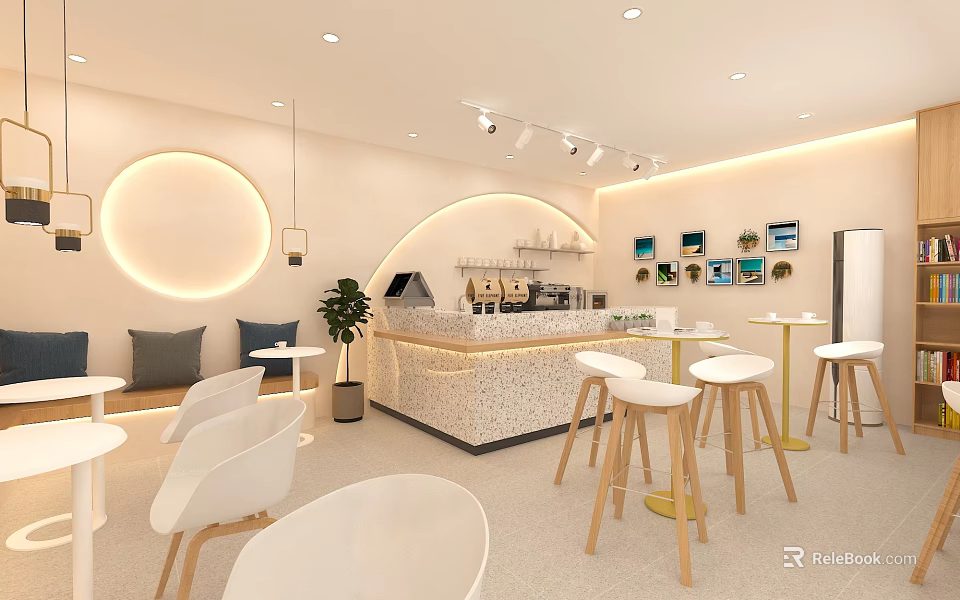Modern Minimalist Tea House Interior Design With Round Lighting White Chairs And Wooden Stools 3d model 