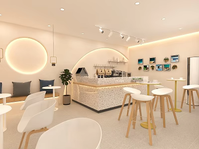 Modern Minimalist Tea House Interior Design With Round Lighting White Chairs And Wooden Stools 3d model