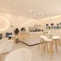 Modern Minimalist Tea House Interior Design With Round Lighting White Chairs And Wooden Stools