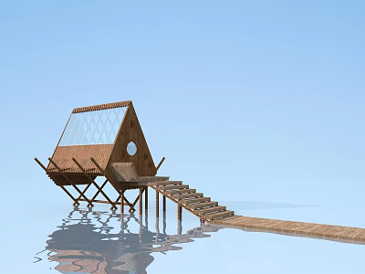 Wooden House Over Water With Glass Walls And Wooden Staircase Walkway 3d model
