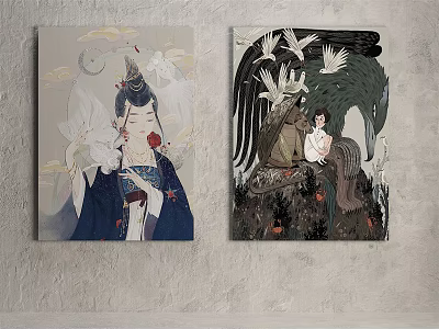Traditional Figure Paintings Featuring Female Figures Cranes Trees And Birds 3d model