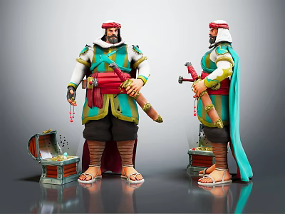 Warrior Characters In Turban Red Sash And Blue Green Tunic With Weapon And Treasure Chest 3d model