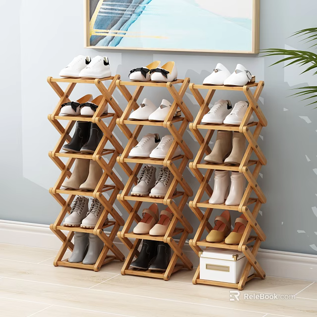 Bamboo Multi Tier Shoe Rack Organizing Various Shoes With Storage Box And Green Plant 3d model 