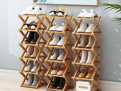Bamboo Multi Tier Shoe Rack Organizing Various Shoes With Storage Box And Green Plant 3d model