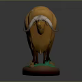 3D Musk Ox Character Model With Thick Brown Fur White Forehead Standing On Green Base