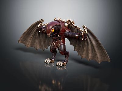 Mechanical Character With Bat Like Creature Red Body Yellow Eyes And Detailed Wings 3d model