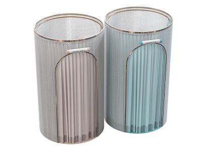 Striped Curtain In Gray And Blue With Metallic Trim And Handle For Home Decor 3d model