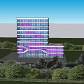 Modern High Rise Office Building Featuring Glass Curtain Walls Water Fountain And Landscaping