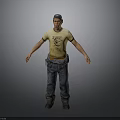 Male Worker Wearing Yellow T-Shirt Blue Cap Blue Jeans And Tool Belt On Grey Background