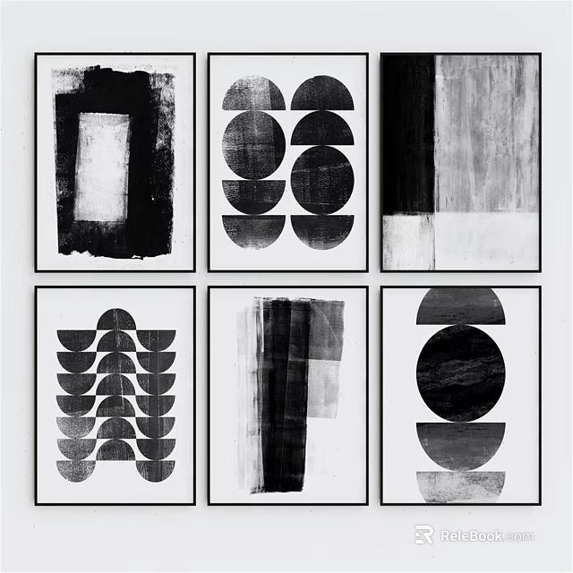 Black And White Abstract Framed Artworks With Geometric Patterns For Wall Decor 3d model 