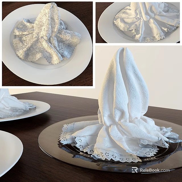 Elegant Tableware Set Including Folded White Napkins with Lace Edges on Decorative Plates 3d model 