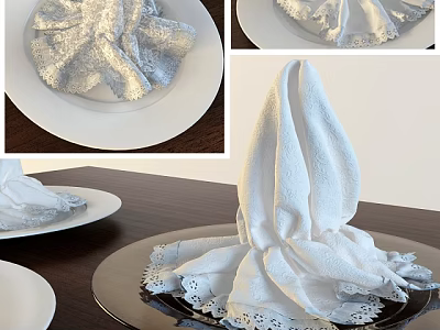 Elegant Tableware Set Including Folded White Napkins with Lace Edges on Decorative Plates 3d model
