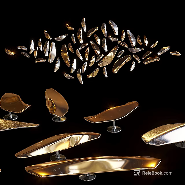 Gold Metallic Leaf Shaped Wall Decor With Glossy Finish On Black Background 3d model 
