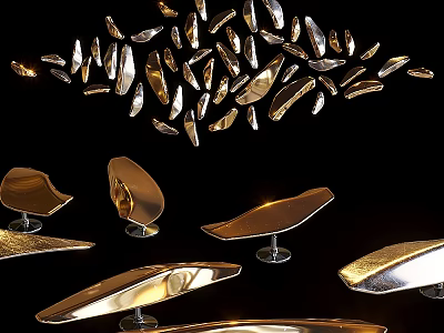 Gold Metallic Leaf Shaped Wall Decor With Glossy Finish On Black Background 3d model