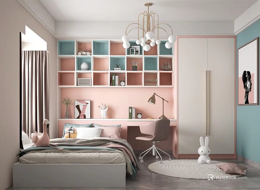 Modern Tatami Bedroom Interior Design With Pink And Blue Bookshelves Chandelier Desk And Chair 3d model 