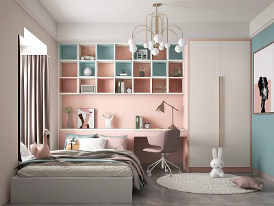 Modern Tatami Bedroom Interior Design With Pink And Blue Bookshelves Chandelier Desk And Chair 3d model