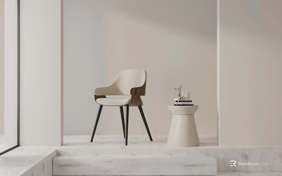 Modern Beige Dining Chair With Black Legs On Marble Floor Near Decorative Table 3d model 