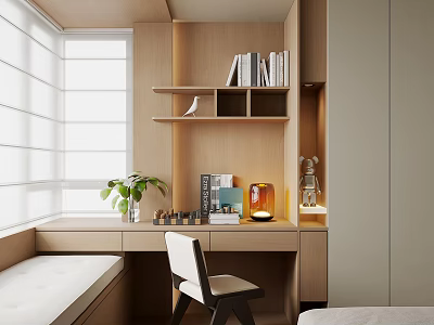 Modern Bay Window Nook With Wooden Desk Books Table Lamp And Potted Plant 3d model