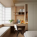 Modern Bay Window Nook With Wooden Desk Books Table Lamp And Potted Plant