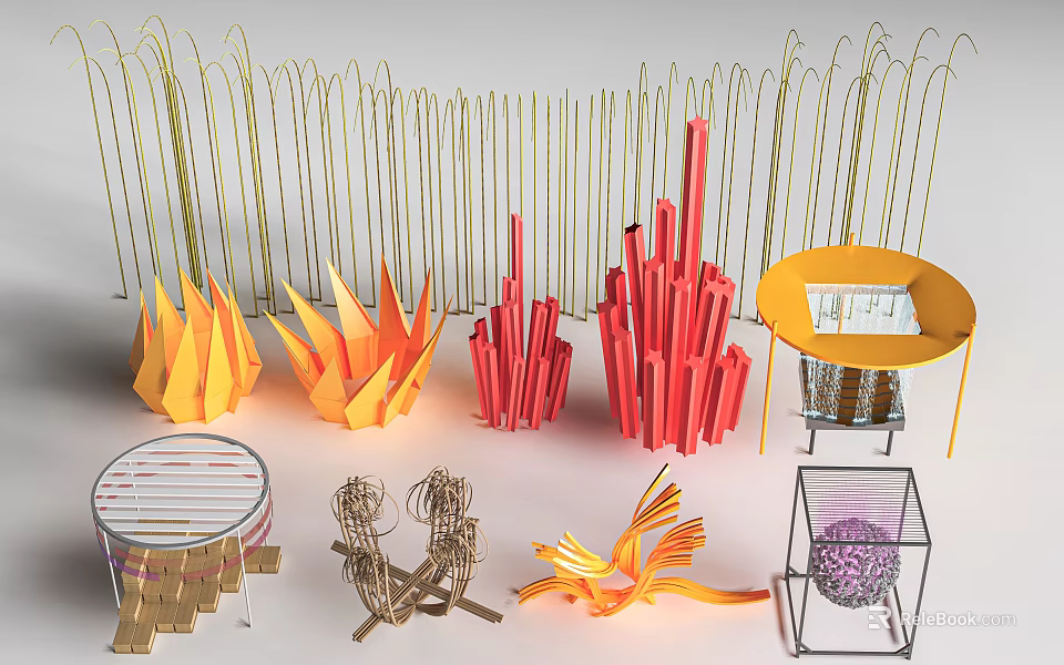 Vibrant Orange Red Sculptural Garden Ornaments with Geometric Shapes Woven Details and Metal Frames 3d model 